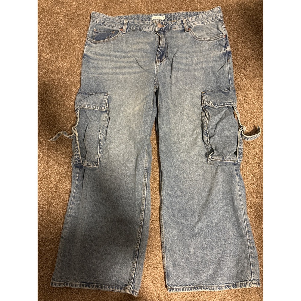 S.O.N.G. Cargo Jeans Women 16 Blue Light Wash Excellent Wide Leg Utility Denim - Picture 1 of 3